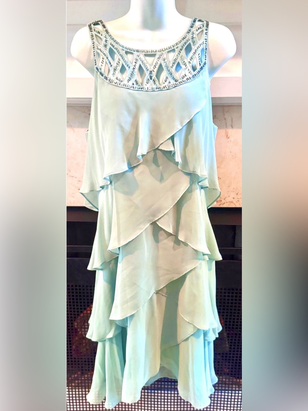 🍬J.R. NITES🍬 SEQUIN BEADED CAGED NECKLINE TULIP TIERED CHIFFON SLEEVELESS DRESS